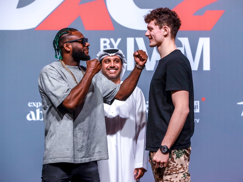 Aljamain Sterling, left, and Chase Hooper during the launch of the second edition of Abu Dhabi Extreme Championship at the Mubadala Arena in Abu Dhabi. Victor Besa / The National