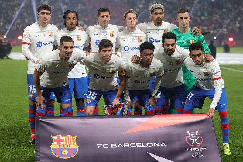 Barcelona players prior to the Spanish Super Cup semi-final against Osasuna at the Al-Awwal Park Stadium in Riyadh. AFP