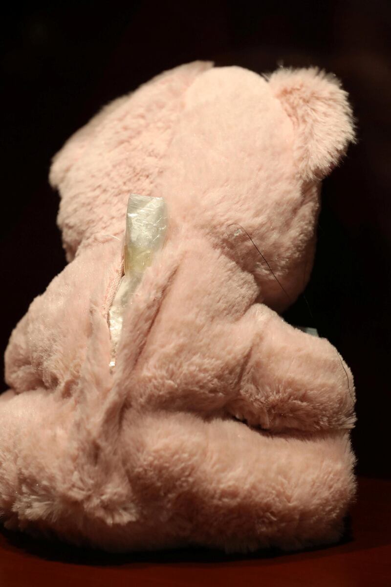 Dubai, United Arab Emirates - July 07, 2019: Drugs are hidden in a teddy bear at the exhibition of seizures at Dubai Airport. Sunday the 7th of July 2019. DXB, Dubai. Chris Whiteoak / The National