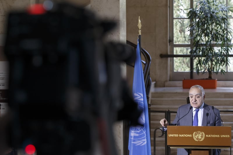 Ghassan Salame, special representative of the United Nations Secretary-General and head of the United Nations Support Mission in Libya, informs the media about a new meeting round of the 5+5 Libyan Joint Military Commission, during a press stakeout, at the European headquarters of the United Nations in Geneva, Switzerland. EPA