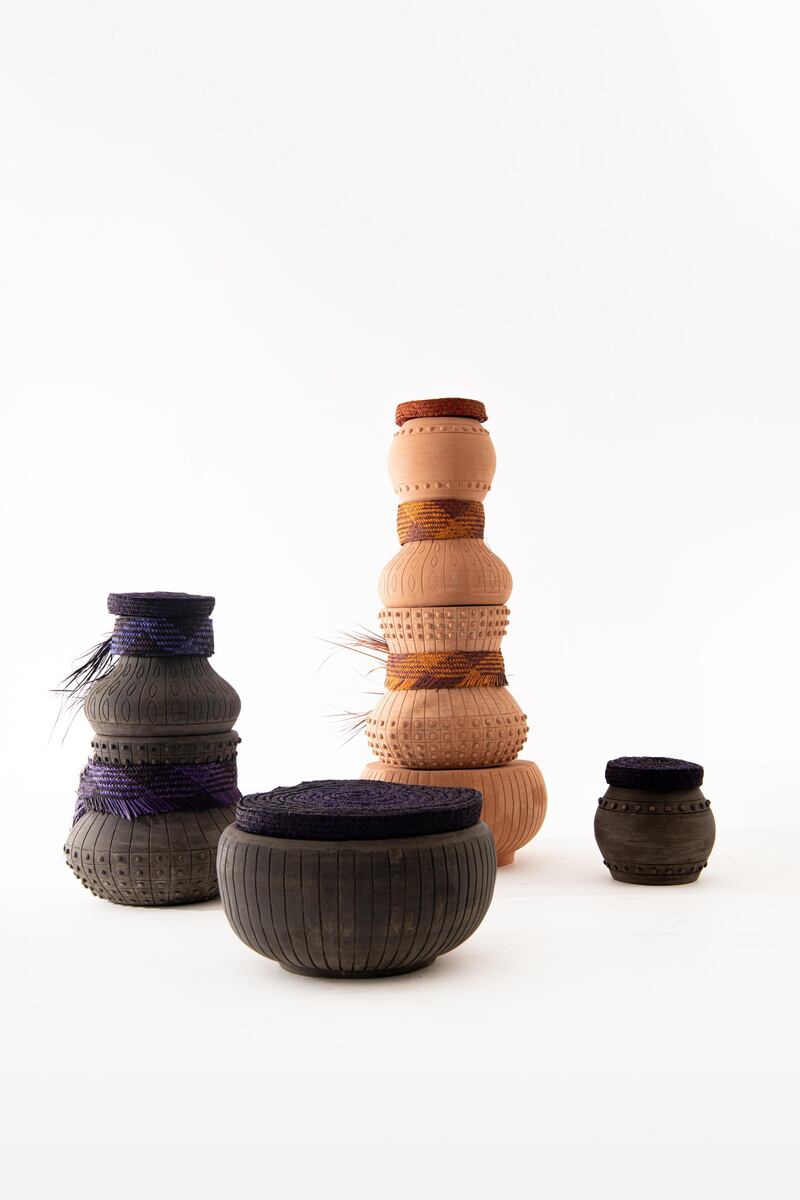 The Safeefah x Clay collection stackable furniture made of clay and woven palm fronts. Designed by Abdallah Al Mulla from the UAE and Pepa Reverter from Spain. Courtesy Irthi