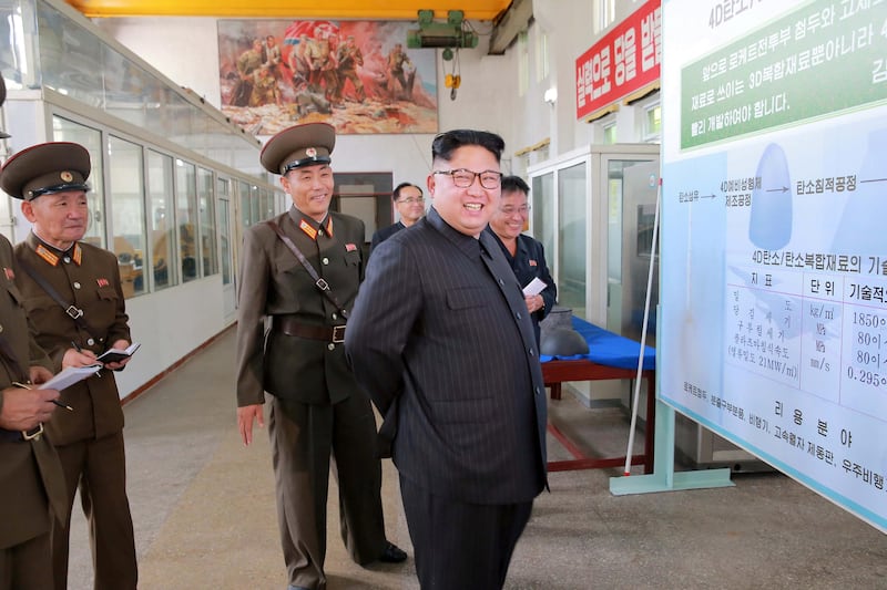 North Korean leader Kim Jong-Un smiles during a visit to the Chemical Material Institute of the Academy of Defense Science in this undated photo released by North Korea's Korean Central News Agency (KCNA) in Pyongyang on August23, 2017.  KCNA/via REUTERS    ATTENTION EDITORS - THIS PICTURE WAS PROVIDED BY A THIRD PARTY. FOR EDITORIAL USE ONLY.  NO THIRD PARTY SALES.  SOUTH KOREA OUT.   TPX IMAGES OF THE DAY