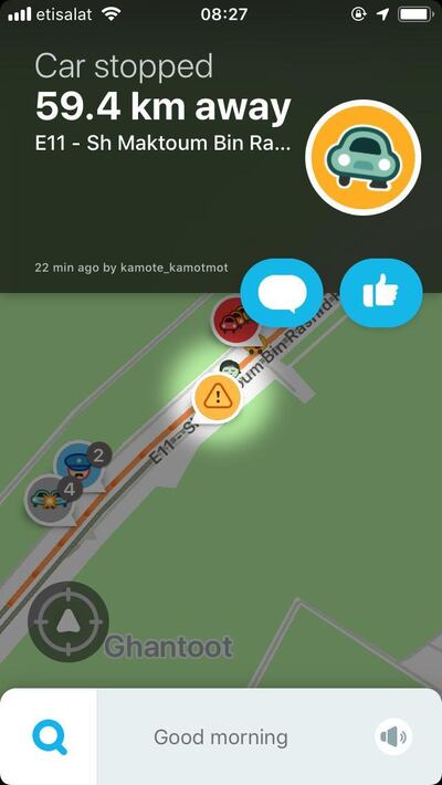 The Waze app shows a major accident on Sheikh Zayed Road near Ghantoot.