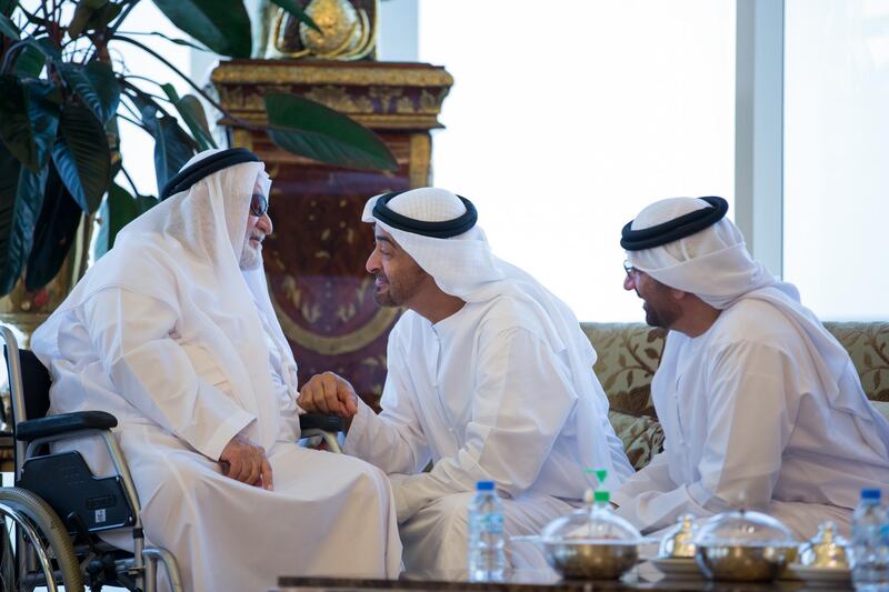 ABU DHABI, UNITED ARAB EMIRATES - October 24, 2016: HH Sheikh Mohamed bin Zayed Al Nahyan Crown Prince of Abu Dhabi Deputy Supreme Commander of the UAE Armed Forces (C) speaks with HE Abdullah Al Sayyed Al Hashemi (L), a former Abu Dhabi Government employee, during a reception at Sea Palace barza, held for former and current Abu Dhabi Government employees on the occasion of the Abu Dhabi Government Golden Jubilee.
( Mohamed Al Hammadi / Crown Prince Court - Abu Dhabi )
---