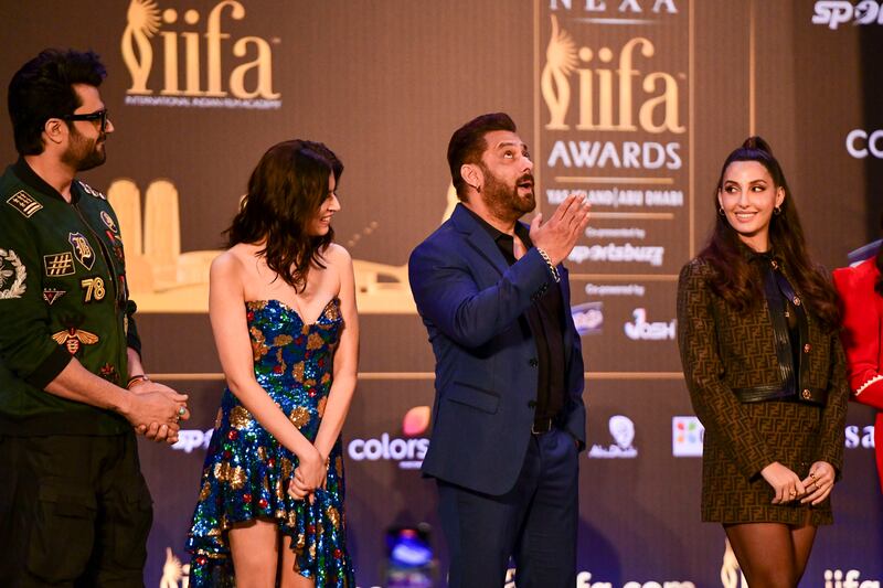 Actors Manish Paul, Divya Khosla Kumar, Salman Khan and Nora Fatehi at the launch of the IIFA Awards 2022 in Abu Dhabi. The two-day event will be held at the Etihad Arena on Yas Island. All photos: Khushnum Bhandari / The National

