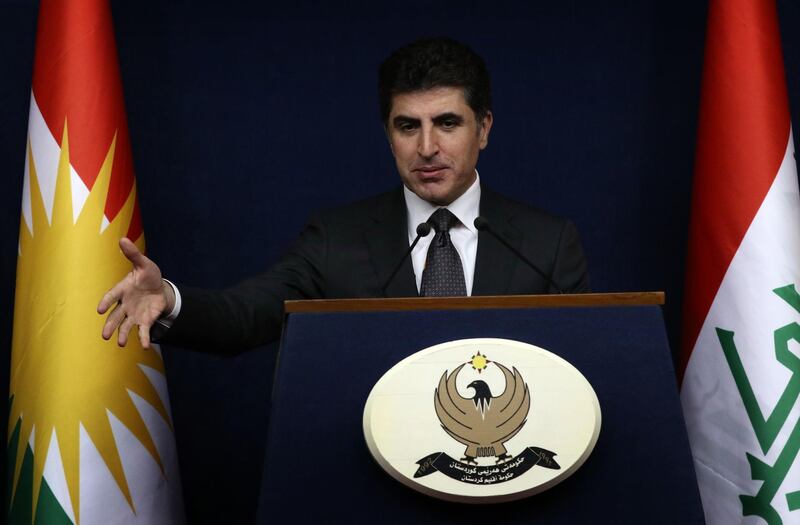 Nechirvan Barzani, prime minister of Iraq's Kurdistan Regional Government (KRG), speaks during a press conference in the northern Iraqi city of Arbil, the capital of the autonomous Kurdistan region, on November 6, 2017. / AFP PHOTO / SAFIN HAMED