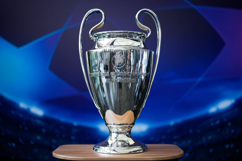 The Champions League trophy on display at Besiktas' Vodafone Park Stadium in Istanbul on Tuesday, June 6, 2023. Manchester City will play Inter Milan in the final of the Champions League on Saturday, June 10, in Istanbul.  AP