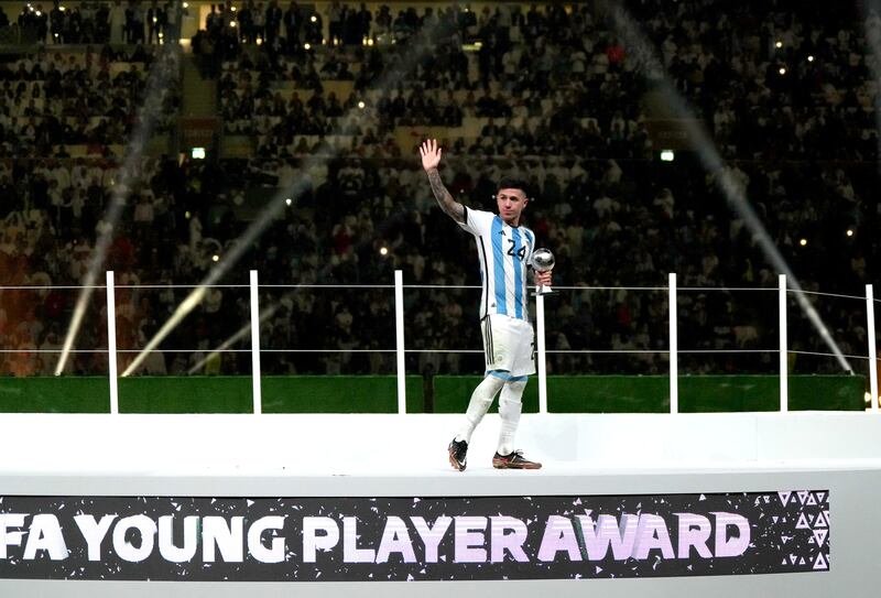 Argentina's Enzo Fernandez after winning the best young player award at the 2022 Qatar World Cup. PA