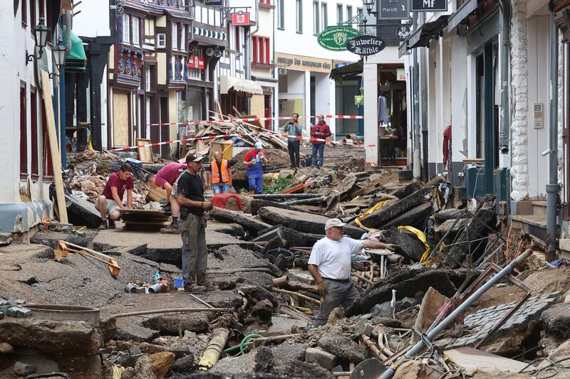A street is filled with flood debris in Bad Muenstereifel, Germany.
