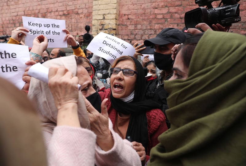 Women protest in Srinagar, Jammu and Kashmir, India, to demand the withdrawal of charges against students for allegedly celebrating the Pakistan cricket team's victory over India in the T20 World Cup. EPA