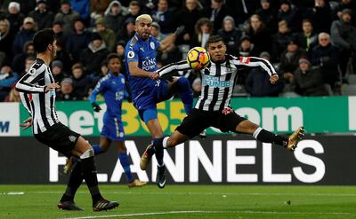 Soccer Football - Premier League - Newcastle United vs Leicester City - St James' Park, Newcastle, Britain - December 9, 2017   Leicester City's Riyad Mahrez shoots at goal                       Action Images via Reuters/Lee Smith    EDITORIAL USE ONLY. No use with unauthorized audio, video, data, fixture lists, club/league logos or "live" services. Online in-match use limited to 75 images, no video emulation. No use in betting, games or single club/league/player publications. Please contact your account representative for further details.