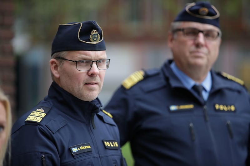 Gothenburg's Chief of Police Anders Borjesson and Regional Police Chief Klas Johansson during a press conference after the explosion in Gothenburg that injured 16 people. Reuters