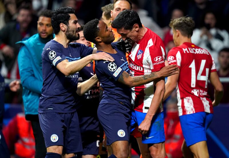 Atletico Madrid's Stefan Savic heat butts Manchester City's Raheem Sterling during the Champions League quarter-final, second leg at the Wanda Metropolitano Stadium. The match finished 0-0 with City advancing on aggregate. PA