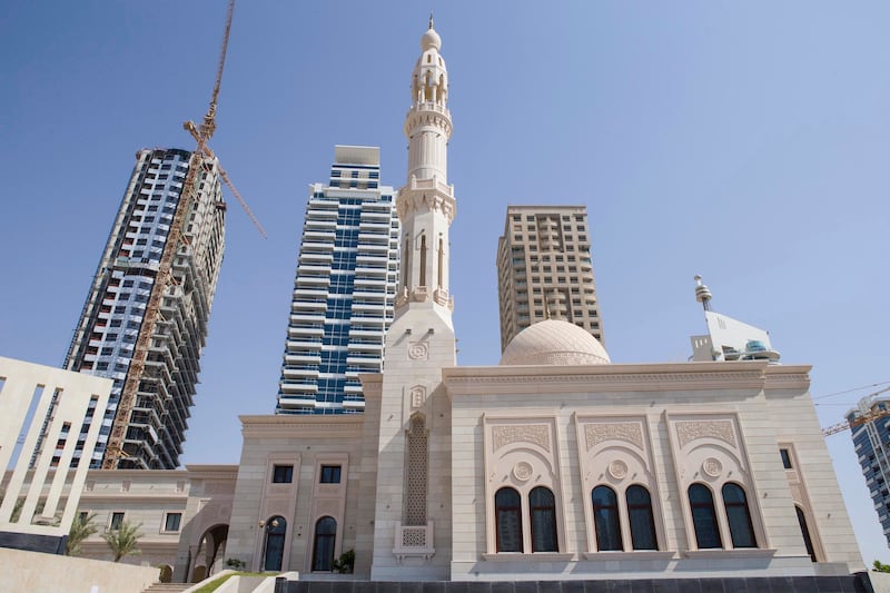 DUBAI, UNITED ARAB EMIRATES, JULY 10, 2014. The exterior of the Al Rahim Mosque in the Dubai Marina. (Photo: Antonie Robertson/The National) Journalist: Mohammed Khan. Section: National.