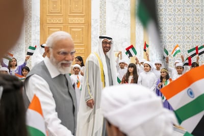 President Sheikh Mohamed received Indian Prime Minister Narendra Modi in Abu Dhabi last year. Mohamed Al Hammadi / UAE Presidential Court
