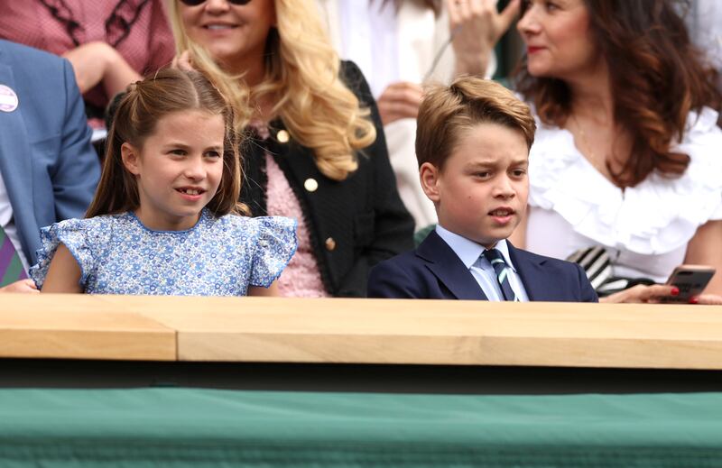 LONDON, ENGLAND - JULY 16: Princess Charlotte of Wales and Prince George of Wales are seen in the Royal Box ahead of the Men's Singles Final between Novak Djokovic of Serbia and Carlos Alcaraz of Spain on day fourteen of The Championships Wimbledon 2023 at All England Lawn Tennis and Croquet Club on July 16, 2023 in London, England. (Photo by Julian Finney / Getty Images)