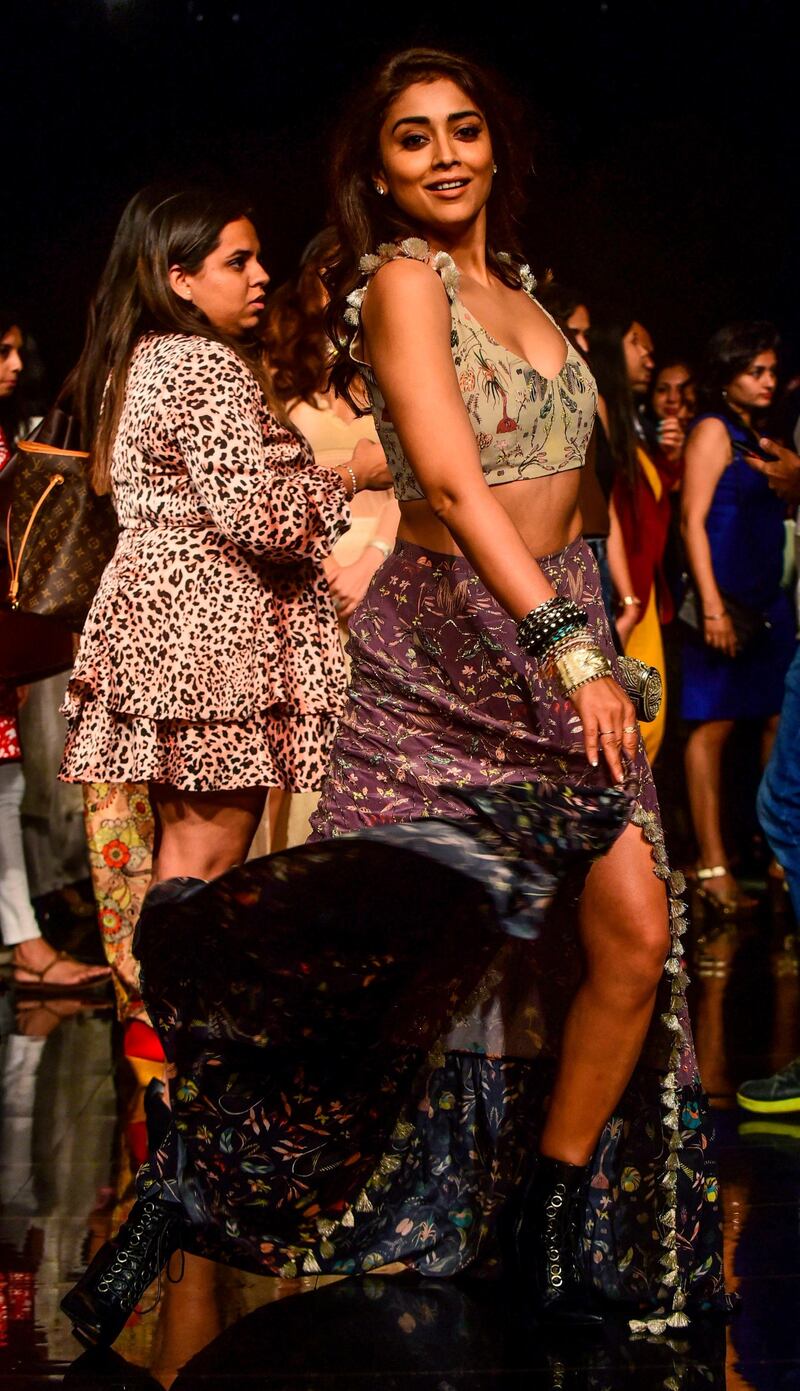 Shriya Saran poses for photographs during Lakme Fashion Week in Mumbai on February 15, 2020. AFP