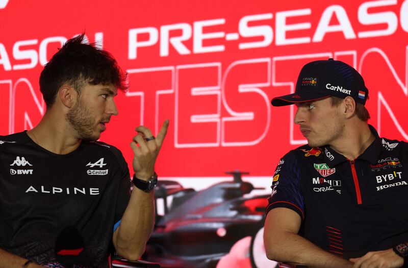French Formula One driver Pierre Gasly of Alpine F1 Team and Max Verstappen of Red Bull Racing attend a press conference as part of the pre-season test sessions for the 2023 Formula One at the Sakhir circuit near Manama, Bahrain. EPA 