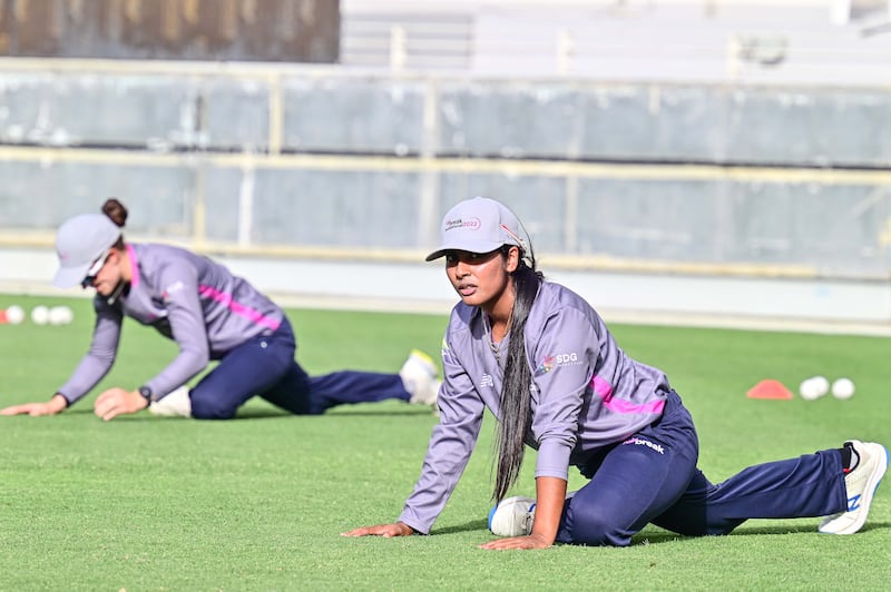 UAE batter Kavisha Kumari trains with her Barmy Army teammates ahead of the FairBreak Invitational. Photo: FairBreak Global