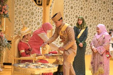 Prince Abdul Mateen of Brunei, right, at his sister Princess Azemah's powdering ceremony in January, 2023. Photo: @tmski / Instragram