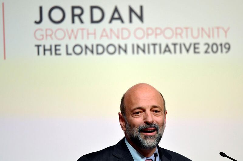 Jordanian Prime Minister Omar al-Razzaz speaks at the Jordan Growth and Opportunity Conference on February 28, 2019 in London. / AFP / POOL / TOBY MELVILLE
