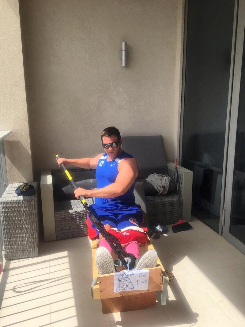 Mike Ballard has built his own kayak machine on the balcony of his Abu Dhabi apartment as he continues to train for the Paralympics despite the coronavirus restrictiions. Courtesy Mike Ballard
