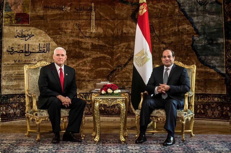 epa06458030 Egyptian President Abdel Fattah al-Sisi (R) meets with US Vice President Mike Pence (L) during their meeting in Cairo, Egypt, 20 January 2018. Pence arrived in Egypt at the start of a regional tour that will also take him to Jordan and Israel.  EPA/KHALED DESOUKI / POOL