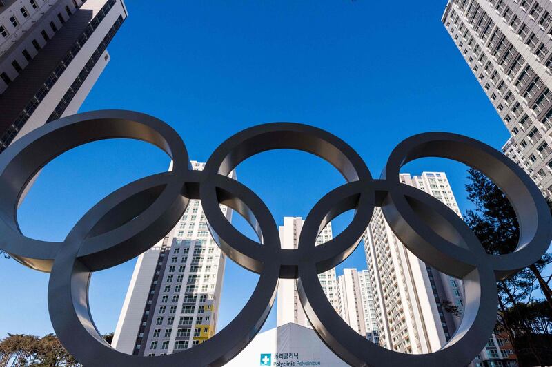 The Olympic rings at the Olympic Village in Gangneung before the start of the 2018 Pyeongchang Winter Olympic Games. François-Xavier Marit / AFP