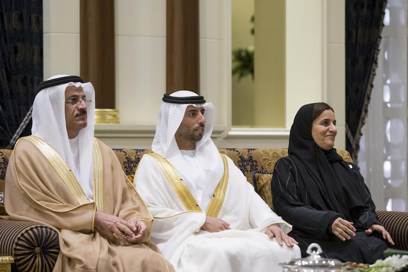 (L-R) Sultan Al Mansouri, Minister of Economy, Suhail Al Mazrouei, Minister of Energy, and Sheikha Lubna Al Qasimi, Minister of State for Tolerance, attend the swearing-in ceremony for the Cabinet ministers.