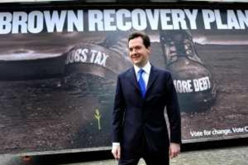 epa02104426 Shadow Chancellor George Osborne launches a new campaign poster in London, Britain, 05 April 2010. Osborne launched the new campaign poster highlighting how Labour's National Insurance hike may threaten economic recovery.  EPA/ANDY RAIN *** Local Caption ***  02104426.jpg *** Local Caption ***  02104426.jpg