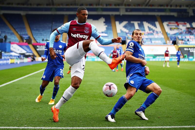 Sebastian Haller of West Ham is put under pressure by Caglar Soyuncu of Leicester City. Getty