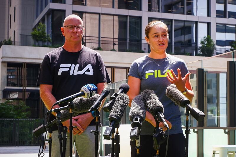 Ashleigh Barty with her coach Craig Tyzzer during a press conference in Brisbane. AFP