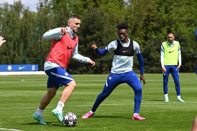 COBHAM, ENGLAND - MAY 27:  Mateo Kovai and Callum Hudson-Odoi of Chelsea during a training session at Chelsea Training Ground on May 27, 2021 in Cobham, England. (Photo by Darren Walsh/Chelsea FC via Getty Images)