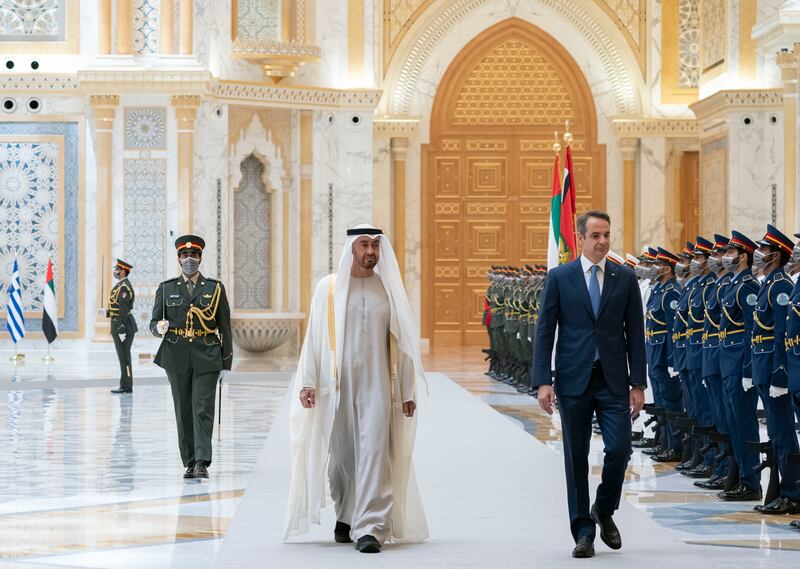 Mr Mitsotakis, who is currently on an official visit to the UAE, was accorded an official reception on his arrival at Qasr Al Watan.