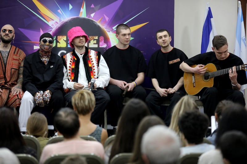 Kalush Orchestra, Ukraine's entry to the 2022 Eurovision Song Contest, perform to Ukrainian Jewish refugees during a show at a hotel in Jerusalem on April 5. AFP