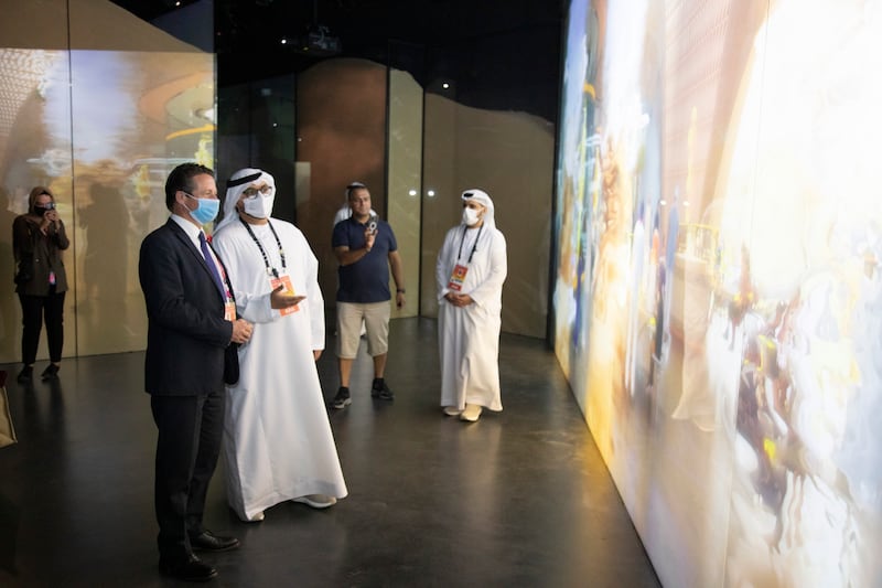 Ahmed Al Sayegh, Minister of State to the UAE Cabinet, with Nigel Huddleston, UK Minister for Sport, Tourism, Heritage and Civil Society, during a visit to Expo 2020 Dubai. Photo: Ministry of Culture and Youth