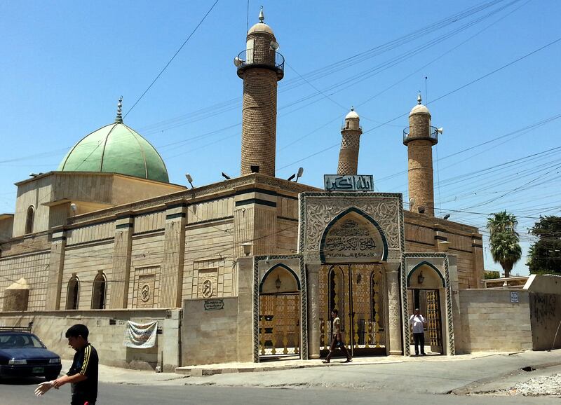July 9, 2014: Al Nuri Mosque in Mosul before it was destroyed by ISIS militants during their retreat three years later. On June 29, Abu Bakr Al Baghdadi, leader of ISIS, appeared for the first time in public at the mosque to declare the caliphate. EPA
