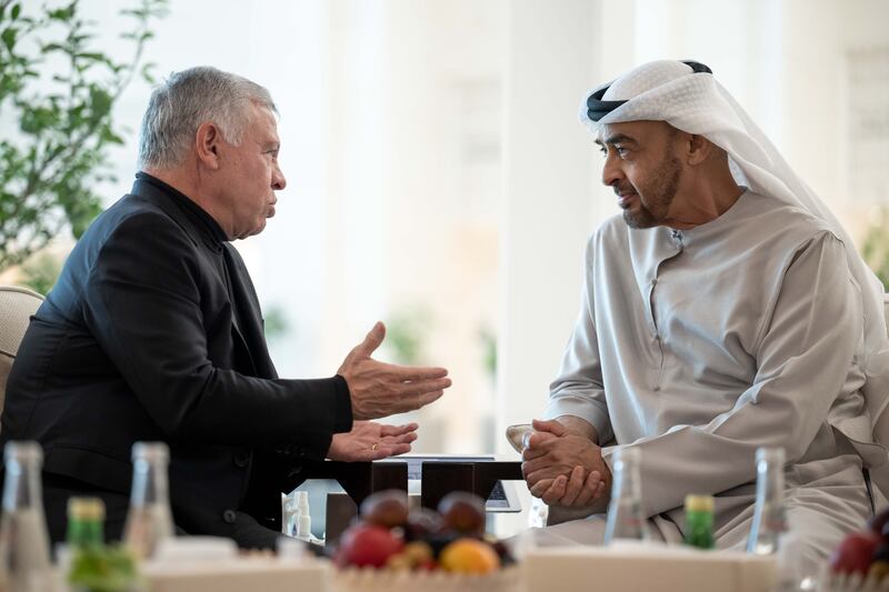 Sheikh Mohamed in discussion with King Abdullah at Al Bateen Airport. The leaders reviewed opportunities for developing links in political, economic, investment and developmental fields, reported state news agency Wam.
