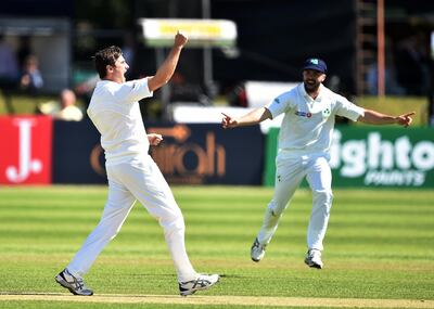 MALAHIDE, IRELAND - MAY 12: Bowler Tim Murtagh of Ireland celebrates as Ireland take their second wicket during the Ireland v Pakistan test cricket match on May 12, 2018 in Malahide, Ireland. (Photo by Charles McQuillan/Getty Images)