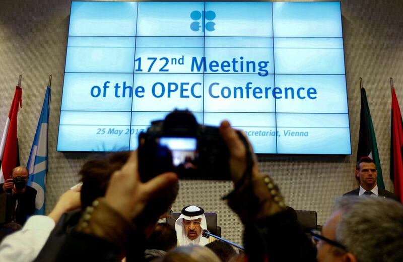 The Opec chairman, Saudi oil minister Khalid Al Falih, talks to journalists during the oil group's meeting in Vienna, Austria on Thursday. Leonhard Foeger / Reuters