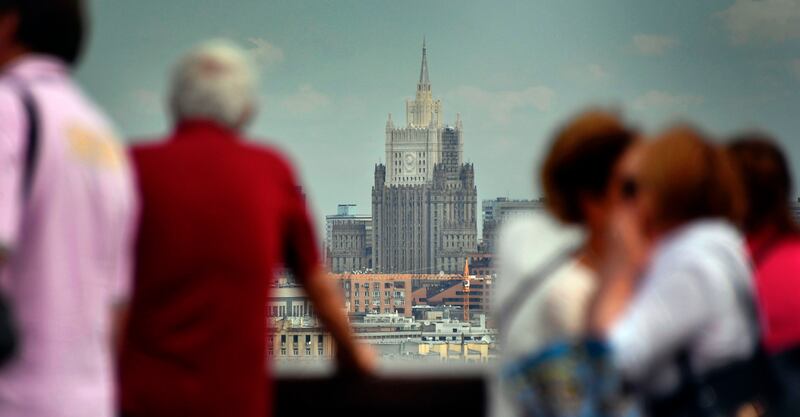 The main building of the Russian Foreign Ministry is seen from an observation point at Vorobyovy Gory in Moscow on July 12, 2017.
Russia is considering retaliatory measures against the United States over its expulsion of 35 diplomats and seizure of two diplomatic compounds last year, Foreign Minister Sergei Lavrov said on July 11, 2017. Russian newspaper Izvestia said on July 10, 2017, citing sources, that Moscow may expel 30 American diplomats and seize US property in the country. / AFP PHOTO / Alexander NEMENOV
