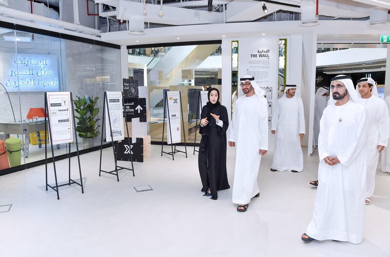 Sheikh Mohammed bin Rashid, Sheikh Mohammed bin Zayed, Sheikh Mansour bin Zayed, Sheikh Hamdan bin Mohammed and Shamma Al Mazrui tour the Youth Hub which comprises of 12 designated areas for skills development. Wam
