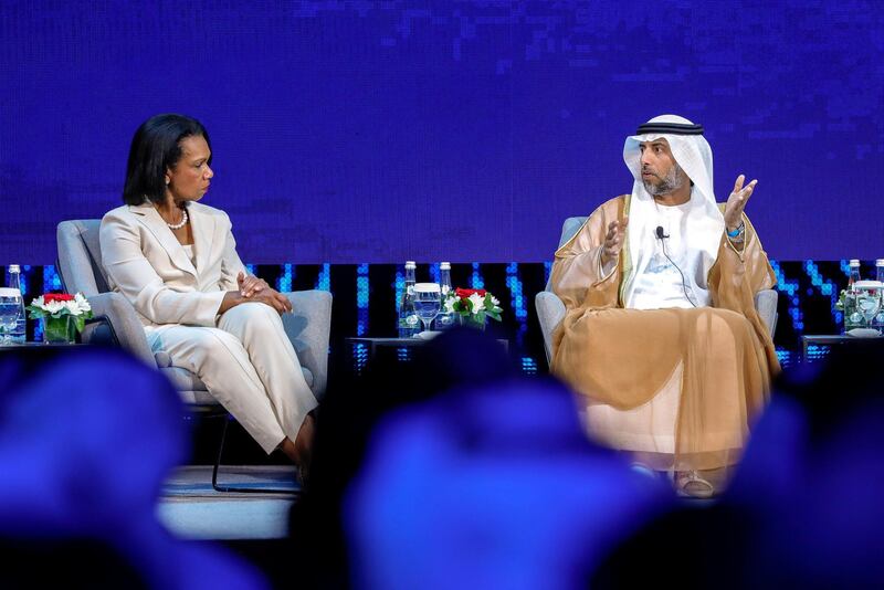 Abu Dhabi, United Arab Emirates, November 11, 2019.  
ADIPEC day 1.
-- (L-R)  Former US Secretary of State Condoleezza Rice and H.E. Suhail Mohamed Faraj Al Mazrouei, UAE Minister of Energy & Industry during the open discussion.
Victor Besa / The National
Section:  NA
Reporter:  Jennifer Gnana