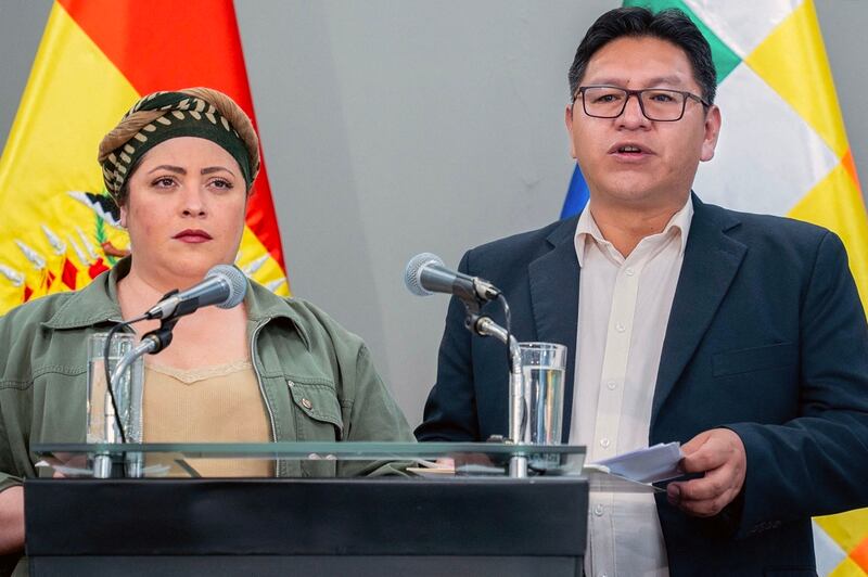 Bolivian Deputy Foreign Minister Freddy Mamani, accompanied by Minister of the Presidency Maria Nela Prada, announced Bolivia's decision to break relations with Israel. AFP