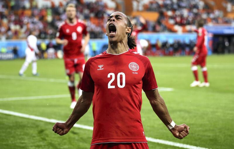 SARANSK, RUSSIA - JUNE 16:  Yussuf Yurary Poulsen of Denmark celebrates after scoring his team's first goal during the 2018 FIFA World Cup Russia group C match between Peru and Denmark at Mordovia Arena on June 16, 2018 in Saransk, Russia.  (Photo by Clive Mason/Getty Images)