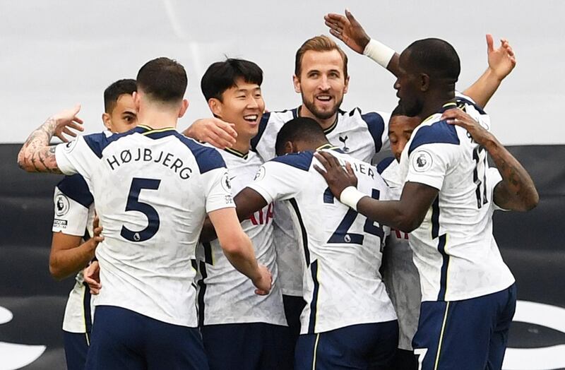 Spurs striker Harry Kane celebrates scoring their second goal. Reuters