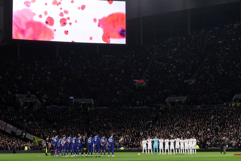 Players, staff and Chelsea Pensioners participate in a minute silence in honour of Armistice Day prior to the Premier League match between Tottenham Hotspur and Chelsea. Getty Images