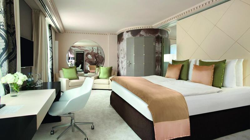 One of the bedrooms at Hotel Vier Jahreszeiten in Munich. Courtesy of Kempinski Hotels