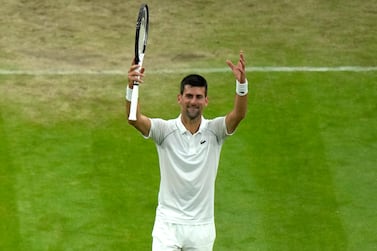 Serbia's Novak Djokovic celebrates defeating Tim van Rijthoven of the Netherlands during a men's fourth round singles match on day seven of the Wimbledon tennis championships in London, Sunday, July 3, 2022. (AP Photo / Alastair Grant))