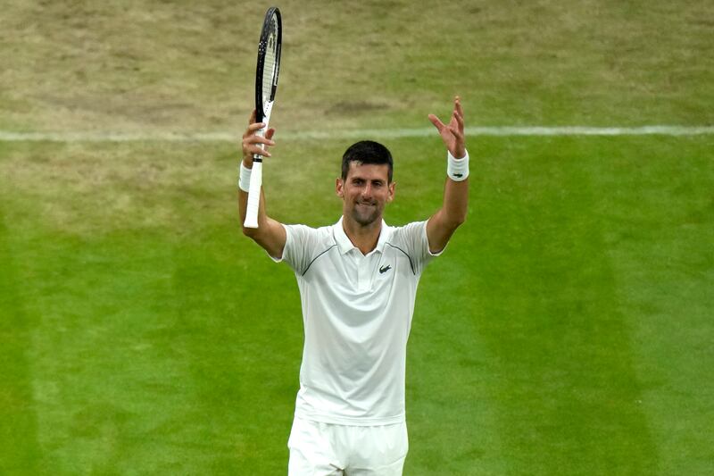Serbia's Novak Djokovic celebrates defeating Tim van Rijthoven of the Netherlands at Wimbledon on Sunday. AP